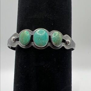 RARE vintage unmarked Sterling Silver Statement Bracelet - Green Turquoise